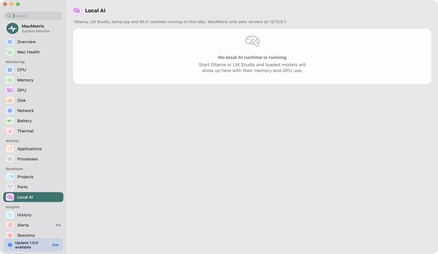 Local AI page showing model runtimes and containers